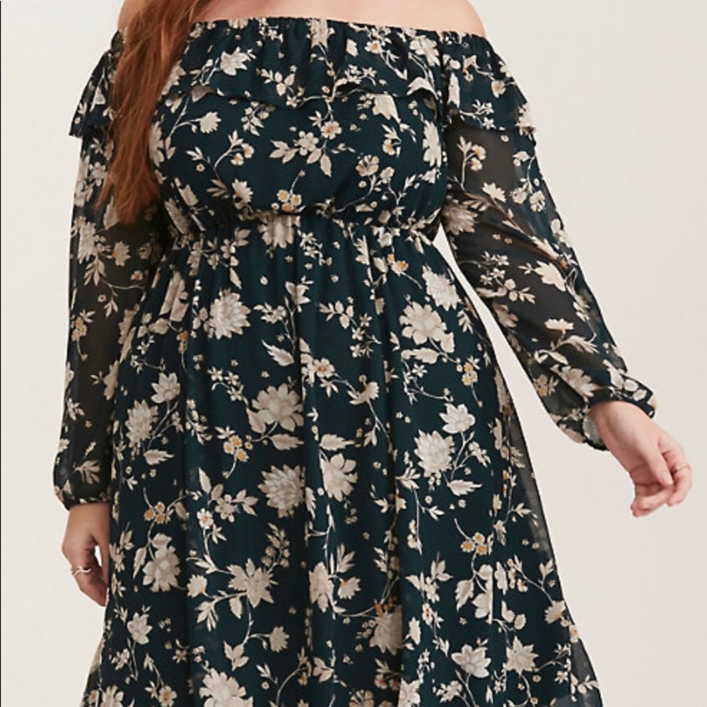 Green Floral Print Off Shoulder Skater Dress